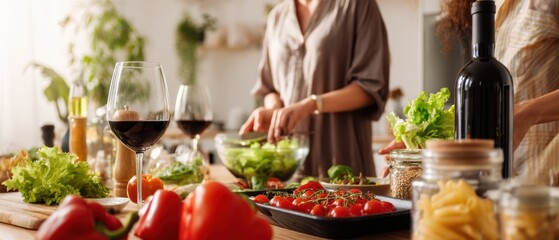 The salad being prepared on a wooden counter with wine and fresh vegetables