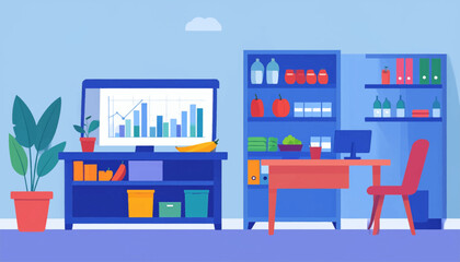 Stylized room illustration with a chart on a screen, plant, desk, and shelving in blue and red tones