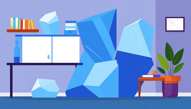 Stylized room filled with geometric objects, desk, books, plant