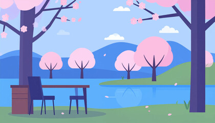 Stylized spring scene with blossom trees, blue lake, and picnic set against a pale blue sky
