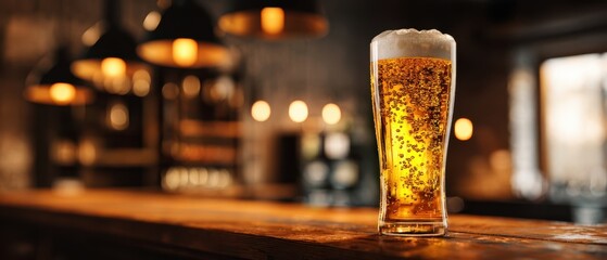 The Beer Glass on a Bar Counter with Bokeh Lights and Frothy Head