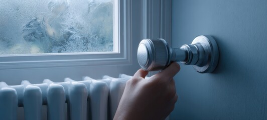 The Radiator Valve Being Adjusted by a Hand Near a Frosted Window