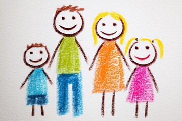 Happy family of 4, kids pencil drawing of dad, mom, brother and sister