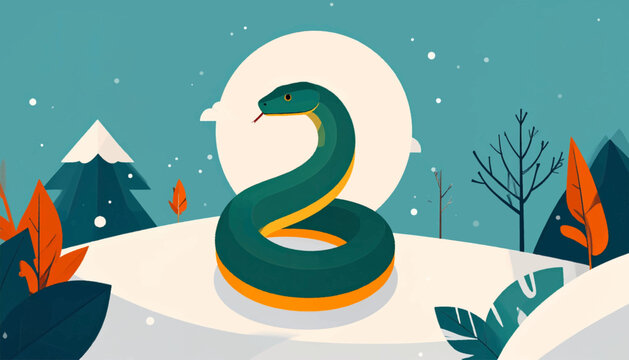 Stylized teal and orange snake coiled in snow against a blue sky
