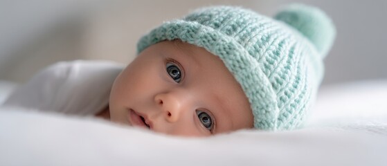 The baby in a knitted teal beanie gazes softly on white bedding