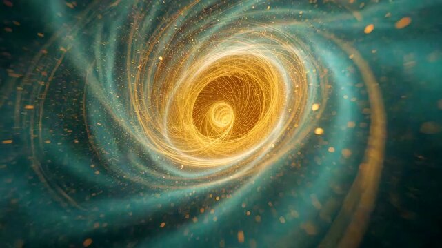 Abstract swirling spiral formation with glowing center surrounded by layered curved patterns on dark background