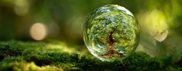 The Tree Encased in a Glass Sphere Resting on Moss in a Lush Forest