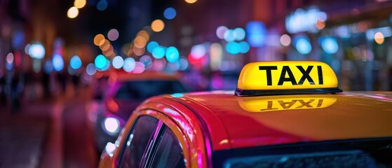 The Taxi Rooftop Sign Glowing in Rainy Neon City Street with Blurred Traffic