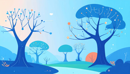 Stylized vector landscape with trees in hues of blue and orange, evoking a peaceful, serene nature scene