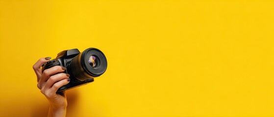 The Camera Held by Hand Against Vibrant Yellow Background for Creative Photography