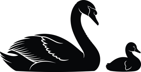 Silhouette of a black swan with cygnet baby bird, elegant waterfowl mother and child icon, minimalist nature wildlife vector illustration for graphic design © MDRAZIURRAHMAN
