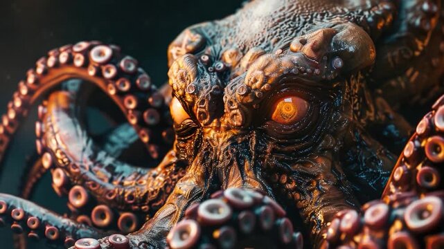 Video Close-up shot of an octopus's head and tentacles, ideal for use in designs related to marine life, underwater scenes or scientific s