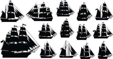 Vintage nautical sailing ship silhouettes, set of detailed tall ship vector icons, antique maritime naval vessel collection, old wooden boat silhouettes for design, © MDRAZIURRAHMAN