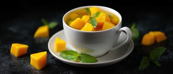 The Cup of Mango Cubes in Syrup with Mint Garnish on Saucer