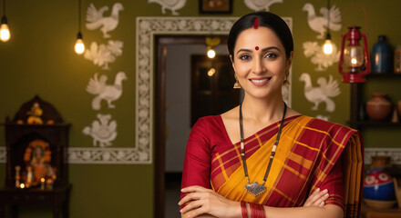 young indian villager woman wearing traditional sari standing at home