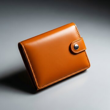Elegant brown leather wallet with a silver button on a gray surface