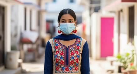 young indian girl wearing mask standing at street