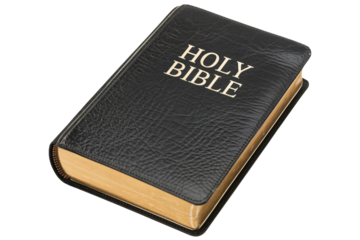 Closed Holy Bible with black leather cover  white 