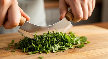 Fresh herbs getting chopped on the wooden board with ulu knife tool
