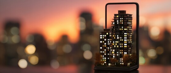 The apartment building miniature displayed inside a smartphone frame against a glowing city sunset