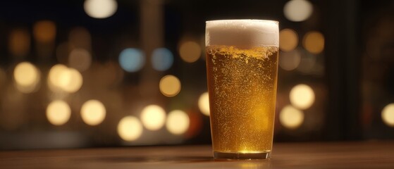 The Beer Glass with Golden Foam on a Wooden Bar and Warm Bokeh