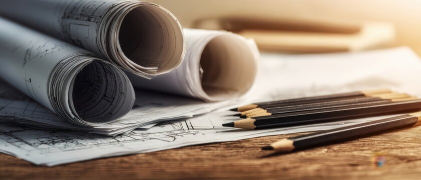 The Blueprints and Pencils on a Wooden Desk Bathed in Warm Light - Powered by Adobe
