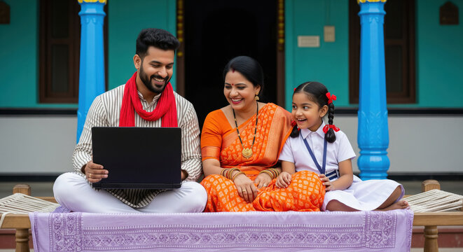 happy indian family using laptop together at home