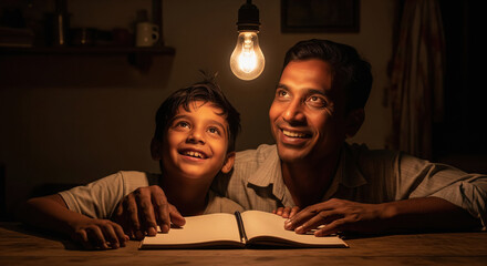 happy indian father and son studying together under a single glowing bulb