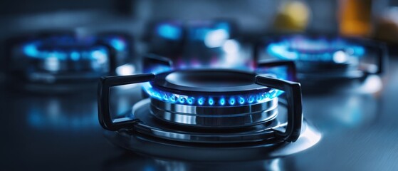 The Gas Stove Burner with Vibrant Blue Flame on Modern Stainless Steel Hob