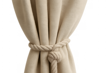 Beige curtain fabric gathering by rope tieback, neutral textile drapery with texture, transparent background