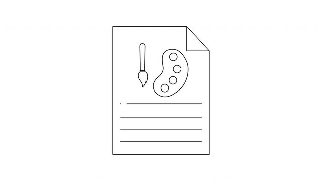 Line art on paper shows a paintbrush a palette and blank lines A corner is folded