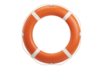 Vibrant orange life preserver ring with white straps on   white background