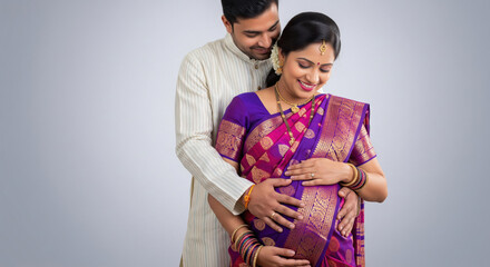 indian expectant couple in traditional attire gently cradle the woman’s baby bump