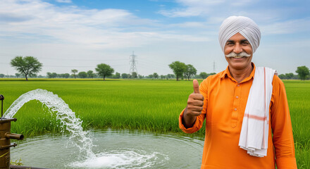 happy indian farmer standing with water pipe showing thumbs up