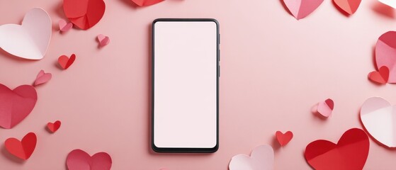 The smartphone centered on pink background surrounded by paper hearts for Valentine's