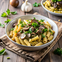pasta fusilli with mushroom in herb sauce