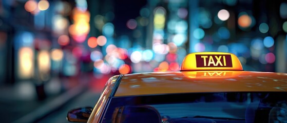 The taxi roof sign glowing in an urban night with colorful bokeh lights