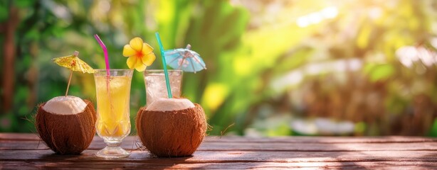 The Coconut Drinks on Wooden Table in Tropical Sunlit Garden Setting