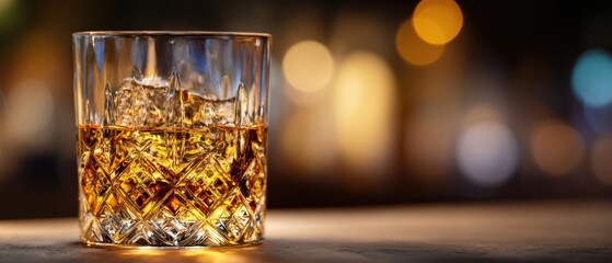 The Whiskey Glass With Ice on a Bar Counter in Warm Bokeh Lighting