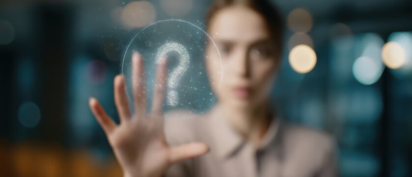 The holographic question mark interface touched by a businesswoman in blurred modern office - Powered by Adobe