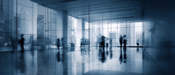 The corporate lobby with blurred businesspeople and reflective glass floors against city skyline