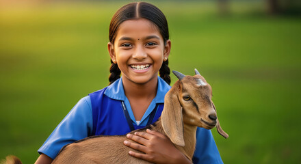 indian schoolgirl in blue uniform gently holding a brown goat in a lush green field