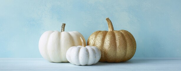 The Pumpkins on Pastel Blue Background with White and Gold Decorative Finish