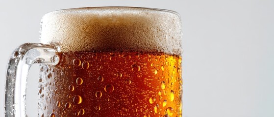 The beer mug filled with frothy amber craft beer and condensation close up
