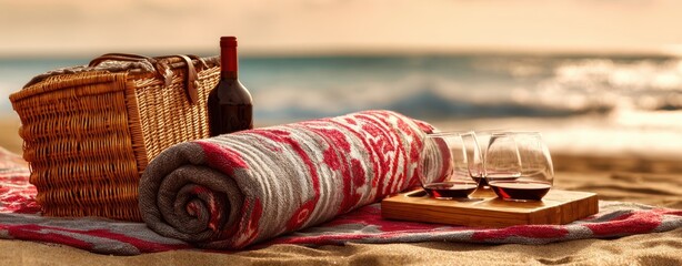 The picnic basket on a sandy beach with wine glasses and cozy blankets
