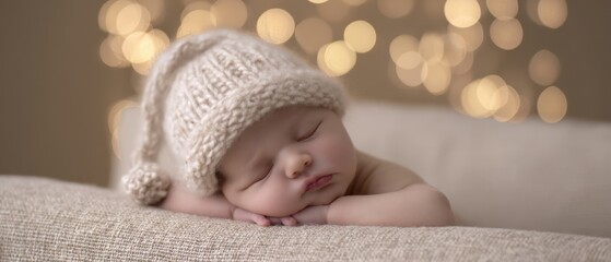 The newborn baby sleeping peacefully on soft blanket with warm bokeh lights