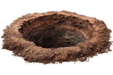 Excavation process shows a deep hole in the ground surrounded by loose soil and dirt in an outdoor setting