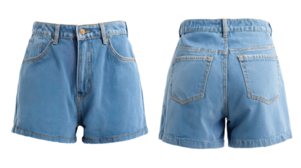Denim shorts displayed from front and back view on a white background to show details and design