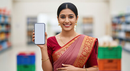A cheerful Indian woman in an elegant sari smiles while holding up a blank smartphone screen in a bright modern store