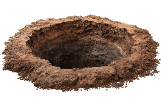 Excavation process shows a deep hole in the ground surrounded by loose soil and dirt in an outdoor setting